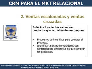 CRM PARA EL MKT RELACIONAL

                        2. Ventas escalonadas y ventas
                                   cruzadas
                                       Inducir a los clientes a comprar
                                       productos que actualmente no compran:


                                       •     Proveerlos de incentivos para comprar el
                                             producto.
                                       •     Identificar a los no-compradores con
                                             características similares a los que compran
                                             los productos.




JORGE ENRIQUE. VANEGAS O. / M.B.A I. E. BUSINESS SCHOOL - M G DIR. EMPRESAS INSTITUTO DE EMPRESA - MADRID
                        MANAGEMENT & MARKETING CONSULTING
 