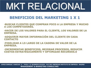 MKT RELACIONAL
          BENEFICIOS DEL MARKETING 1 X 1
    •BUSCAR CLIENTES QUE COMPRAN POCO A LA EMPRESA Y MUCHO
    A LOS COMPETIDORES.
    •HACER DE LOS VALORES PARA EL CLIENTE, LOS VALORES DE LA
    EMPRESA.
    •ADQUIRIR MAYOR INFORMACIÓN DEL CLIENTE EN CADA
    CONTACTO
    •FIDELIZAR A LO LARGO DE LA CADENA DE VALOR DE LA
    EMPRESA.
    •INCREMENTAR BENEFICIOS, MEJORAR PROCESOS, REDUCIR
    COSTOS ESTRATÉGICAMENTE Y OPTIMIZAR RECURSOS.0




JORGE ENRIQUE. VANEGAS O. / M.B.A I. E. BUSINESS SCHOOL - M G DIR. EMPRESAS INSTITUTO DE EMPRESA - MADRID
                        MANAGEMENT & MARKETING CONSULTING
 