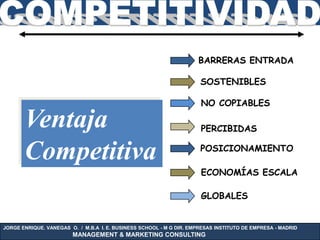 BARRERAS ENTRADA

                                                                      SOSTENIBLES

                                                                      NO COPIABLES

       Ventaja                                                        PERCIBIDAS


       Competitiva                                                    POSICIONAMIENTO

                                                                      ECONOMÍAS ESCALA

                                                                      GLOBALES


JORGE ENRIQUE. VANEGAS O. / M.B.A I. E. BUSINESS SCHOOL - M G DIR. EMPRESAS INSTITUTO DE EMPRESA - MADRID
                        MANAGEMENT & MARKETING CONSULTING
 