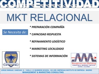 MKT RELACIONAL
                                * PREPARACIÓN COMPAÑÍA
  Se Necesita de:               * CAPACIDAD RESPUESTA

                                * REFINAMIENTO LOGÍSTICO

                                * MARKETING LOCALIZADO

                                * SISTEMAS DE INFORMACIÓN



JORGE ENRIQUE. VANEGAS O. / M.B.A I. E. BUSINESS SCHOOL - M G DIR. EMPRESAS INSTITUTO DE EMPRESA - MADRID
                        MANAGEMENT & MARKETING CONSULTING
 