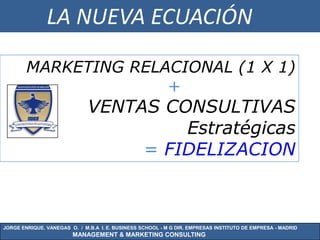 LA NUEVA ECUACIÓN

        MARKETING RELACIONAL (1 X 1)
                      +
                              VENTAS CONSULTIVAS
                                       Estratégicas
                                   = FIDELIZACION



JORGE ENRIQUE. VANEGAS O. / M.B.A I. E. BUSINESS SCHOOL - M G DIR. EMPRESAS INSTITUTO DE EMPRESA - MADRID
                        MANAGEMENT & MARKETING CONSULTING
 