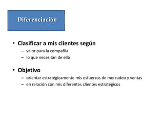 Diferenciación


• Clasificar a mis clientes según
   – valor para la compañía
   – lo que necesitan de ella

• Objetivo
   – orientar estratégicamente mis esfuerzos de mercadeo y ventas
   – en relación con mis diferentes clientes estratégicos
 