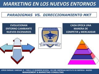 MARKETING EN LOS NUEVOS ENTORNOS
.

       PARADIGMAS VS. DIRECCIONAMIENTO MKT


        EVOLUCIONAN                                                          CADA EPOCA UNA
     ENTORNO CAMBIANTE                                                         MANERA DE
      NUEVOS ESCENARIOS                                                    COMPETIR y MERCADEAR




JORGE ENRIQUE. VANEGAS O. / M.B.A I. E. BUSINESS SCHOOL - M G DIR. EMPRESAS INSTITUTO DE EMPRESA - MADRID
                        MANAGEMENT & MARKETING CONSULTING
 