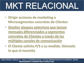 MKT RELACIONAL
     • Dirigir acciones de marketing a
       Microsegmentos concretos de Clientes
     • Diseñar ataques selectivos que lanzan
       mensajes diferenciados a segmentos
       concretos de Clientes a través de los
       mültiples canales de comunicación
     • El Cliente solicita P/S a su medida. Démosle
       lo que el necesita

JORGE ENRIQUE. VANEGAS O. / M.B.A I. E. BUSINESS SCHOOL - M G DIR. EMPRESAS INSTITUTO DE EMPRESA - MADRID
                        MANAGEMENT & MARKETING CONSULTING
 