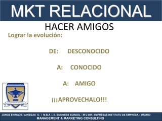 MKT RELACIONAL
                              HACER AMIGOS
    Lograr la evolución:

                                 DE:          DESCONOCIDO

                                      A:        CONOCIDO

                                           A: AMIGO

                                   ¡¡¡APROVECHALO!!!

JORGE ENRIQUE. VANEGAS O. / M.B.A I. E. BUSINESS SCHOOL - M G DIR. EMPRESAS INSTITUTO DE EMPRESA - MADRID
                        MANAGEMENT & MARKETING CONSULTING
 
