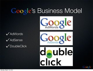 Google’s Business Model


                AdWords
                AdSense
                DoubleClick




                                            Google
Monday, March 19, 2012
 