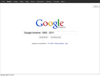 Google timeline: 1995 - 2011




                                                        Google
Monday, March 19, 2012
 