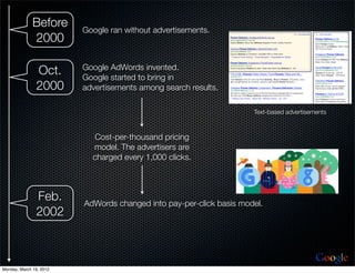 Before     Google ran without advertisements.
              2000

                         Google AdWords invented.
               Oct.      Google started to bring in
               2000      advertisements among search results.

                                                                     Text-based advertisements



                           Cost-per-thousand pricing
                           model. The advertisers are
                           charged every 1,000 clicks.



               Feb.      AdWords changed into pay-per-click basis model.
               2002


                                                                                          Google
Monday, March 19, 2012
 