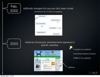 Feb.      AdWords changed into pay-per-click basis model.
               2002                Advertisers bid on keyword targeting.


                                   !"#$%


                                                                !&%


                                           !"#$%
                                                                  !"#'$%




                          AdSense introduced: advertisements appeared in
               2003                     speciﬁc websites.
                                                                                A solution for publisher!

                                                                                • Advertise relevant products.
                                                                                • $$$ for the publisher!



                                                                           AdSense


                                                                                                     Google
Monday, March 19, 2012
 