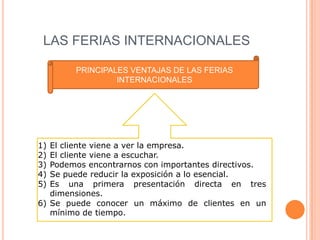 LAS FERIAS INTERNACIONALES

        PRINCIPALES VENTAJAS DE LAS FERIAS
                 INTERNACIONALES




1) El cliente viene a ver la empresa.
2) El cliente viene a escuchar.
3) Podemos encontrarnos con importantes directivos.
4) Se puede reducir la exposición a lo esencial.
5) Es una primera presentación directa en tres
   dimensiones.
6) Se puede conocer un máximo de clientes en un
   mínimo de tiempo.
 