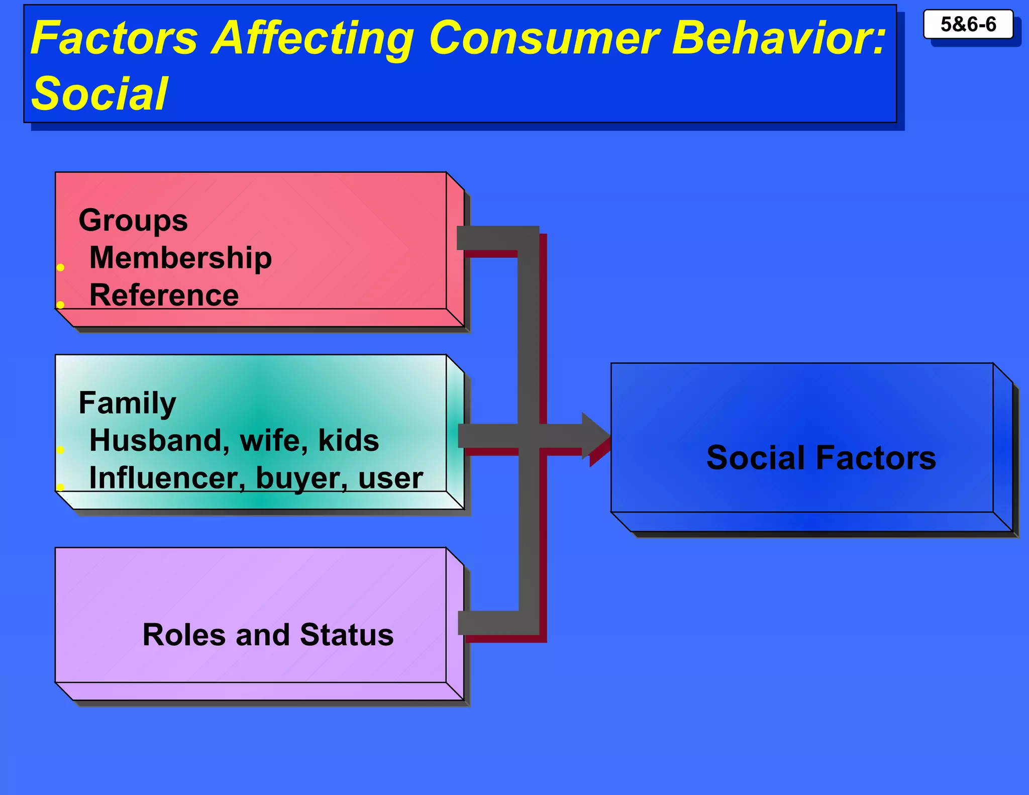 Factors Affecting Consumer Behavior: Social  Groups Membership Reference  Family Husband, wife, kids Influencer, buyer, user Roles and Status Social Factors 