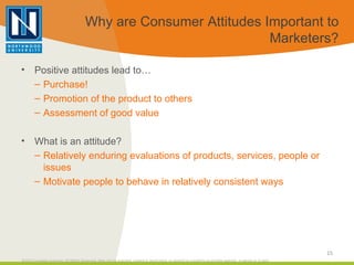 Why are Consumer Attitudes Important to Marketers? <ul><li>Positive attitudes lead to… </li></ul><ul><ul><li>Purchase! </l...