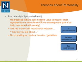 Theories about Personality <ul><li>Psychoanalytic Approach (Freud) </li></ul><ul><ul><li>He proposed that we seek hedonic ...