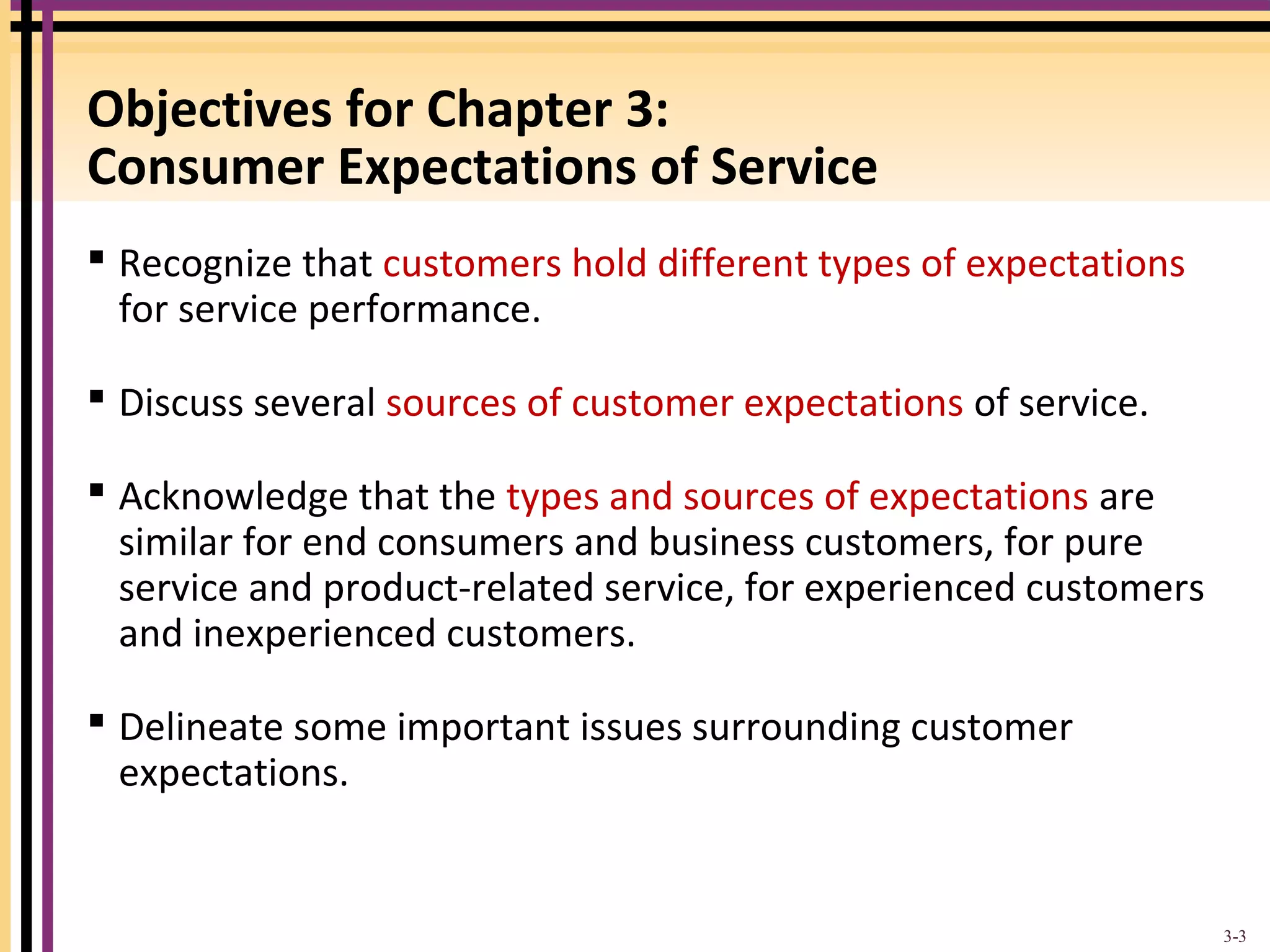Objectives for Chapter 3: 
Consumer Expectations of Service 
 Recognize that customers hold different types of expectations 
for service performance. 
 Discuss several sources of customer expectations of service. 
 Acknowledge that the types and sources of expectations are 
similar for end consumers and business customers, for pure 
service and product-related service, for experienced customers 
and inexperienced customers. 
 Delineate some important issues surrounding customer 
expectations. 
3-3 
 