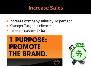 Increase SalesIncrease company sales by 10 percentYounger Target audienceIncrease customer base