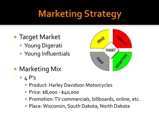 Marketing StrategyTarget MarketYoung DigeratiYoung InfluentialsMarketing Mix4 P’sProduct: Harley Davidson MotorcyclesPrice: $8,000 - $40,000Promotion: TV commercials, billboards, online, etc.Place: Wisconsin, South Dakota, North Dakota