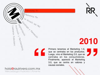 2010!

“

Primero tenemos el Marketing 1.0,
que se centraba en los productos.
Luego, vino el Marketing 2.0, que se
centraba en los consumidores.
Finalmente, apareció el Marketing
3.0, que se centra en valores y
causas sociales. !

”!

 