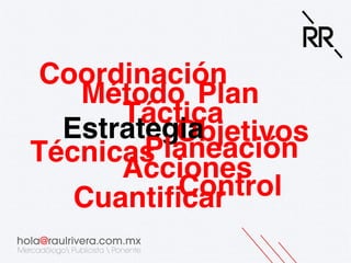 Coordinación !
Método !Plan!
Táctica!
Estrategia !
Objetivos!
Planeación!
Técnicas!
Acciones!
Control!
Cuantiﬁcar!

 