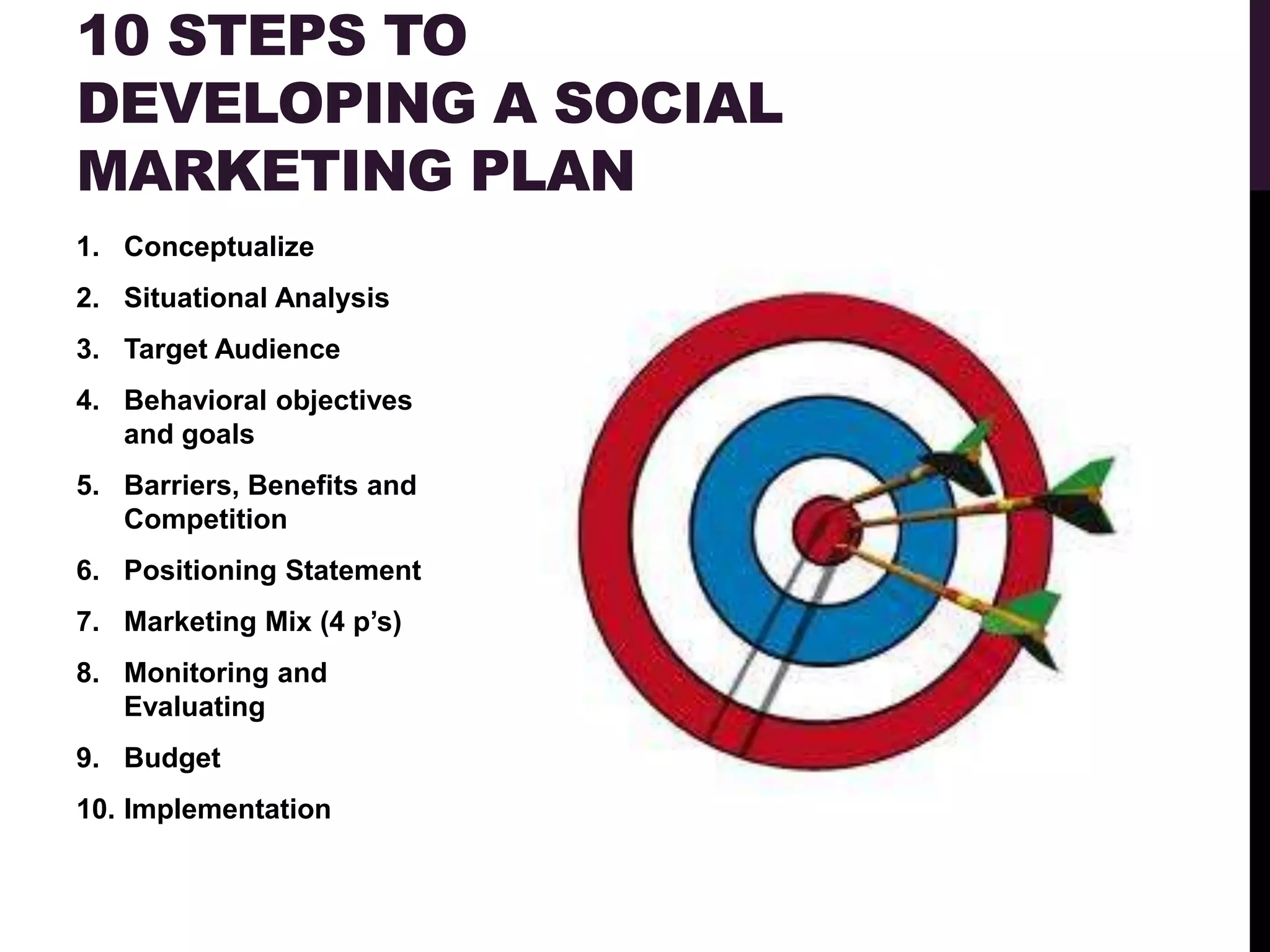 10 STEPS TO
DEVELOPING A SOCIAL
MARKETING PLAN
1. Conceptualize
2. Situational Analysis
3. Target Audience
4. Behavioral objectives
   and goals
5. Barriers, Benefits and
   Competition
6. Positioning Statement
7. Marketing Mix (4 p‟s)
8. Monitoring and
   Evaluating
9. Budget
10. Implementation
 
