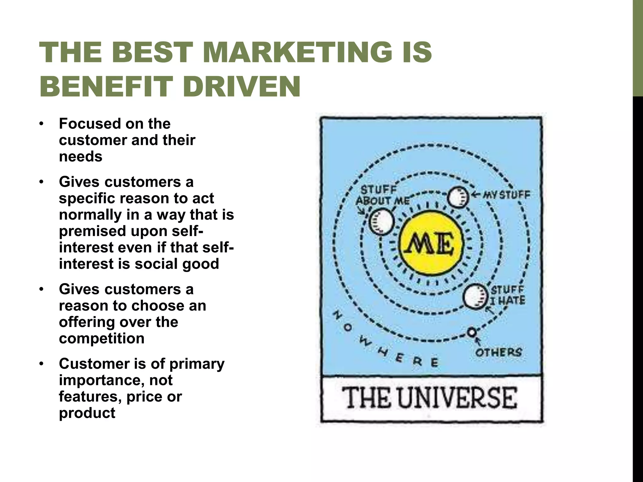 • Focused on the
customer and their
needs
• Gives customers a
specific reason to act
normally in a way that is
premised upon self-
interest even if that self-
interest is social good
• Gives customers a
reason to choose an
offering over the
competition
• Customer is of primary
importance, not
features, price or
product
THE BEST MARKETING IS
BENEFIT DRIVEN
 
