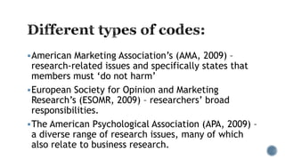 American Marketing Association’s (AMA, 2009) –
research-related issues and specifically states that
members must ‘do not harm’
European Society for Opinion and Marketing
Research’s (ESOMR, 2009) – researchers’ broad
responsibilities.
The American Psychological Association (APA, 2009) –
a diverse range of research issues, many of which
also relate to business research.
 