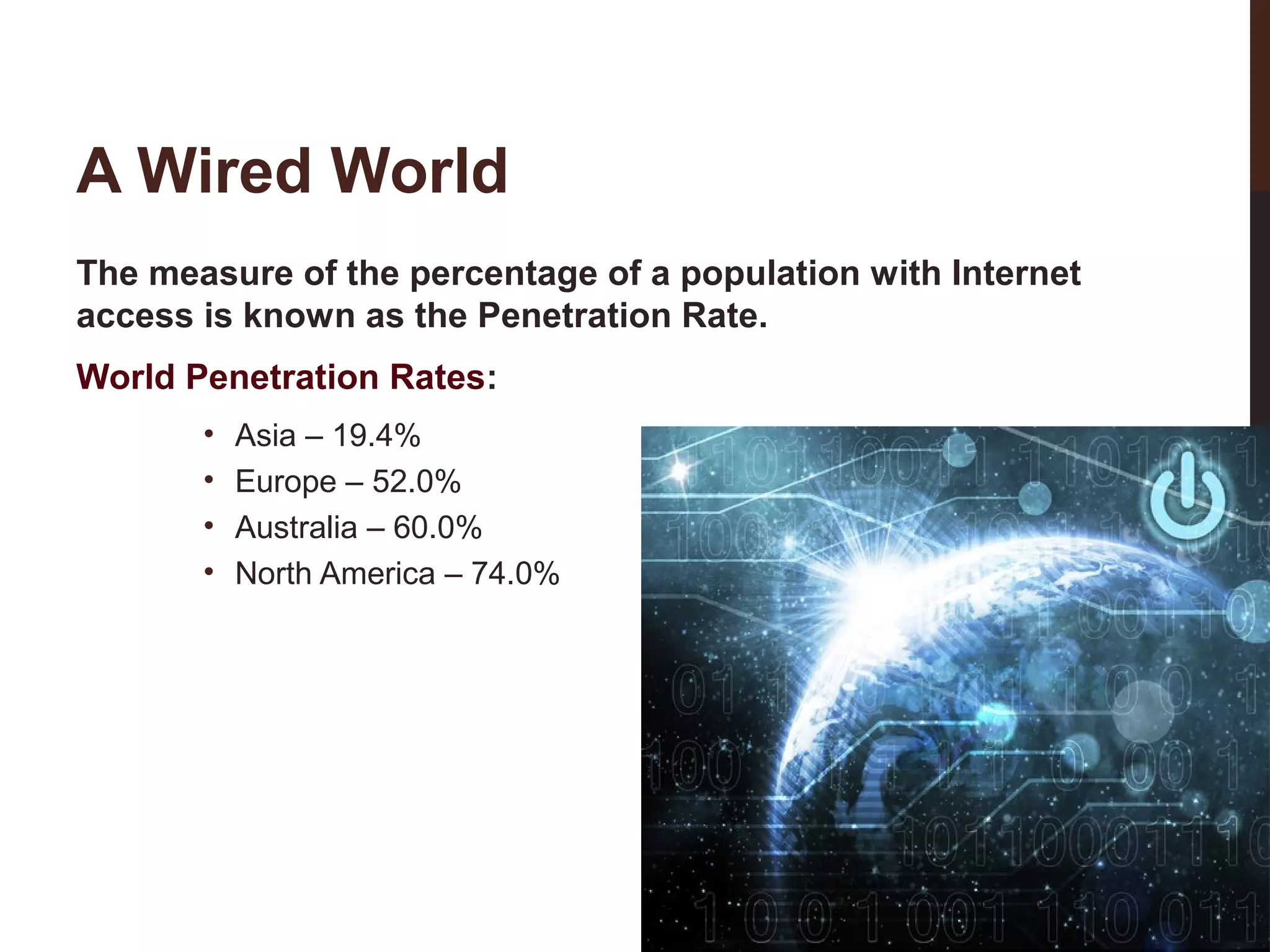 A Wired World
The measure of the percentage of a population with Internet
access is known as the Penetration Rate.
World Penetration Rates:
•
•
•
•

Asia – 19.4%
Europe – 52.0%
Australia – 60.0%
North America – 74.0%

 