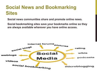 Social News and Bookmarking
Sites
Social news communities share and promote online news.
Social bookmarking sites save your bookmarks online so they
are always available wherever you have online access.

 
