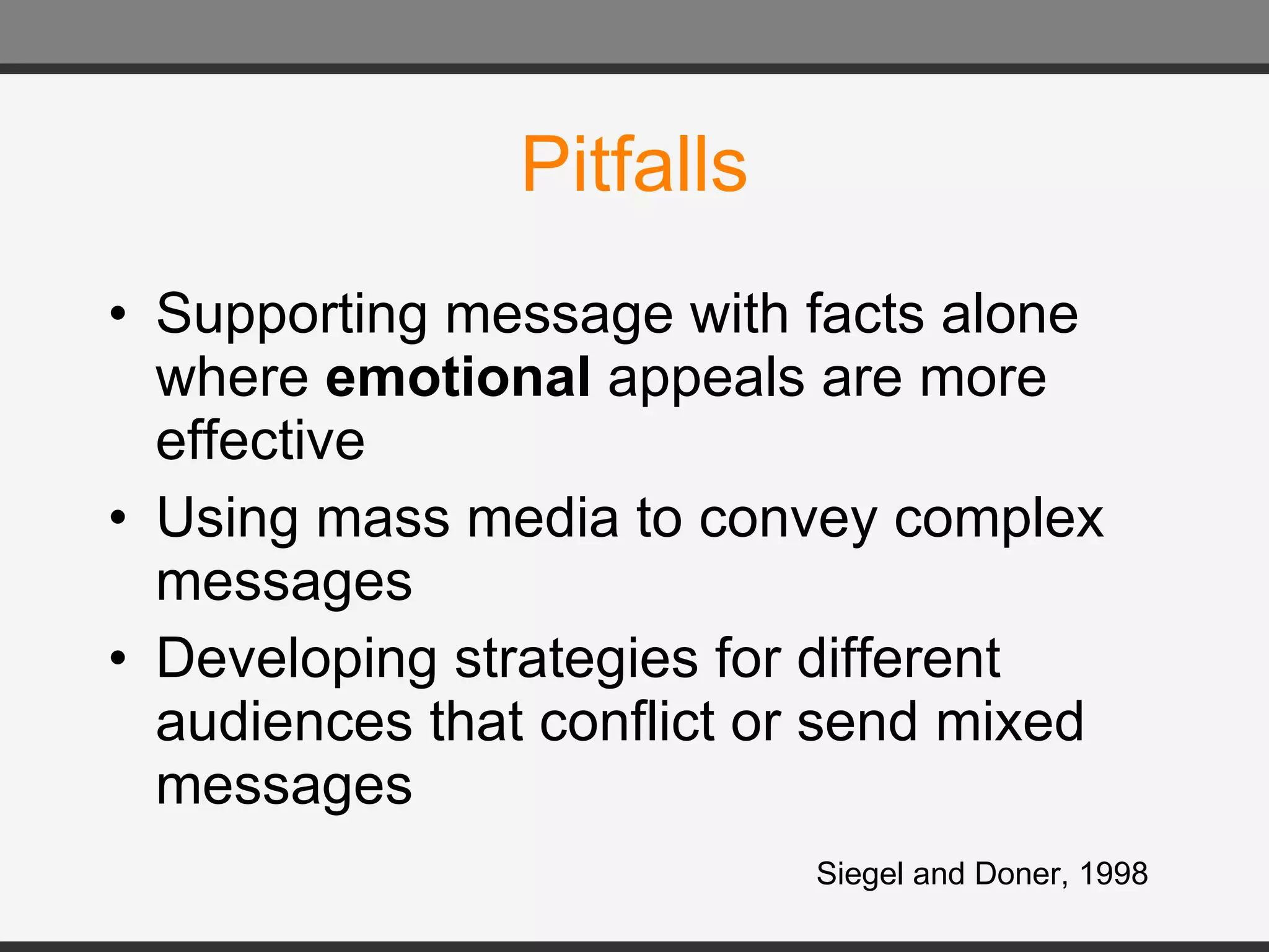 Pitfalls Supporting message with facts alone where  emotional  appeals are more effective Using mass media to convey complex messages Developing strategies for different audiences that conflict or send mixed messages Siegel and Doner, 1998 