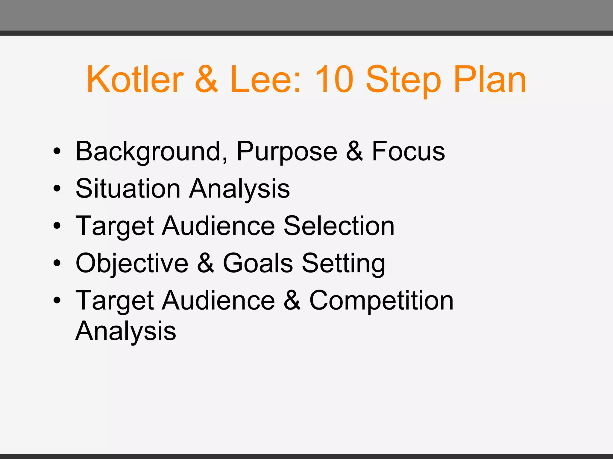 Kotler & Lee: 10 Step Plan Background, Purpose & Focus Situation Analysis Target Audience Selection Objective & Goals Setting Target Audience & Competition Analysis 