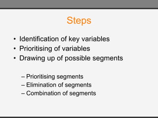 Steps Identification of key variables Prioritising of variables Drawing up of possible segments Prioritising segments Elimination of segments Combination of segments 