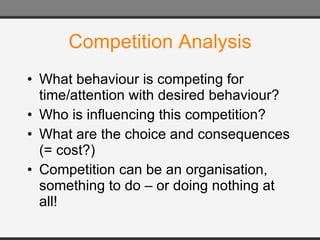 Competition Analysis What behaviour is competing for time/attention with desired behaviour? Who is influencing this competition? What are the choice and consequences (= cost?) Competition can be an organisation, something to do – or doing nothing at all! 