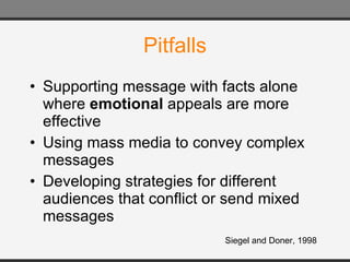 Pitfalls Supporting message with facts alone where  emotional  appeals are more effective Using mass media to convey complex messages Developing strategies for different audiences that conflict or send mixed messages Siegel and Doner, 1998 