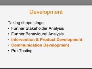 Development Taking shape stage: Further Stakeholder Analysis Further Behavioural Analysis Intervention & Product Development Communication Development Pre-Testing 