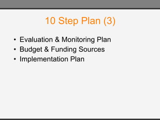 10 Step Plan (3) Evaluation & Monitoring Plan Budget & Funding Sources Implementation Plan 