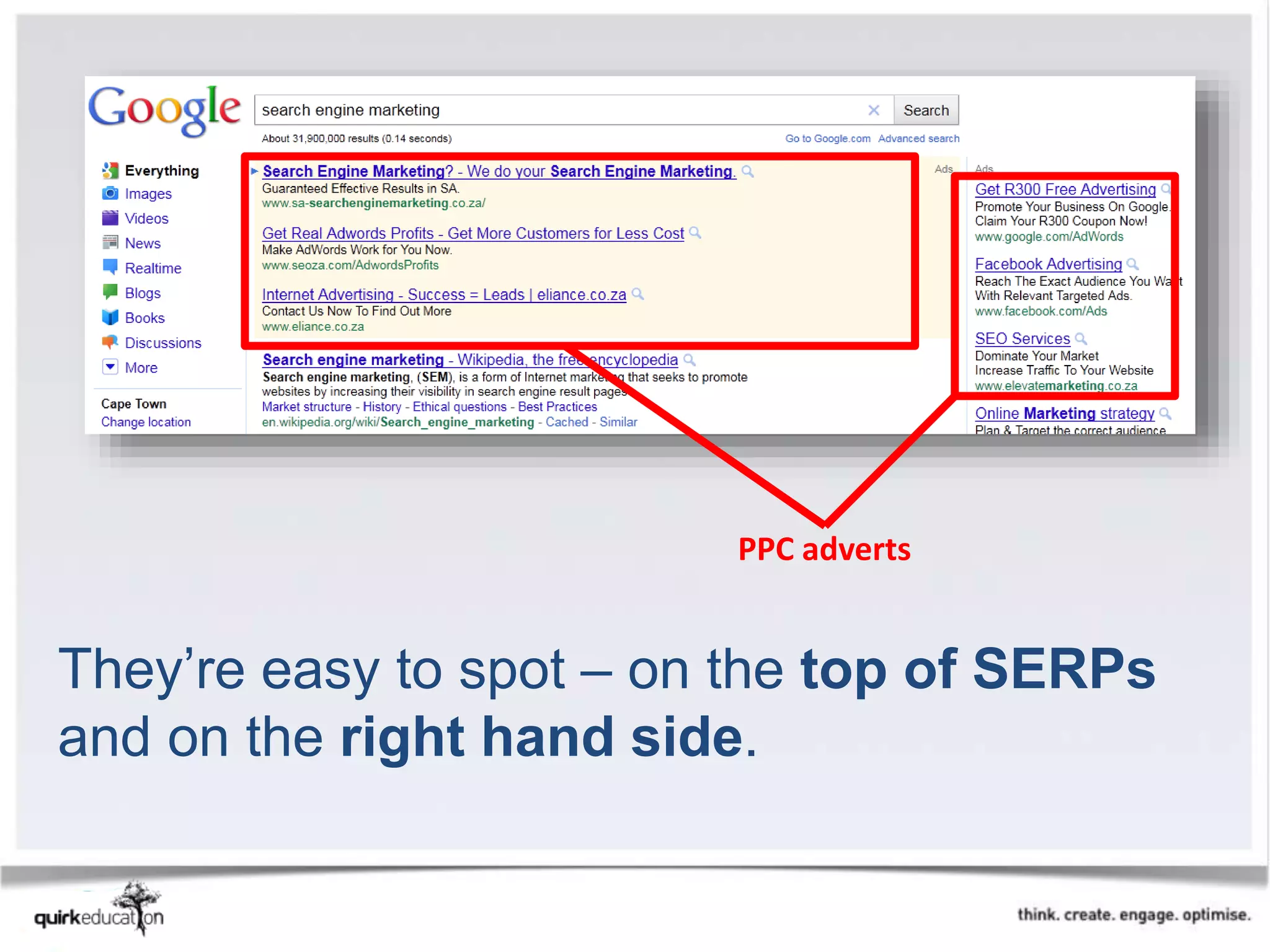 PPC adverts
They’re easy to spot – on the top of SERPs
and on the right hand side.
 