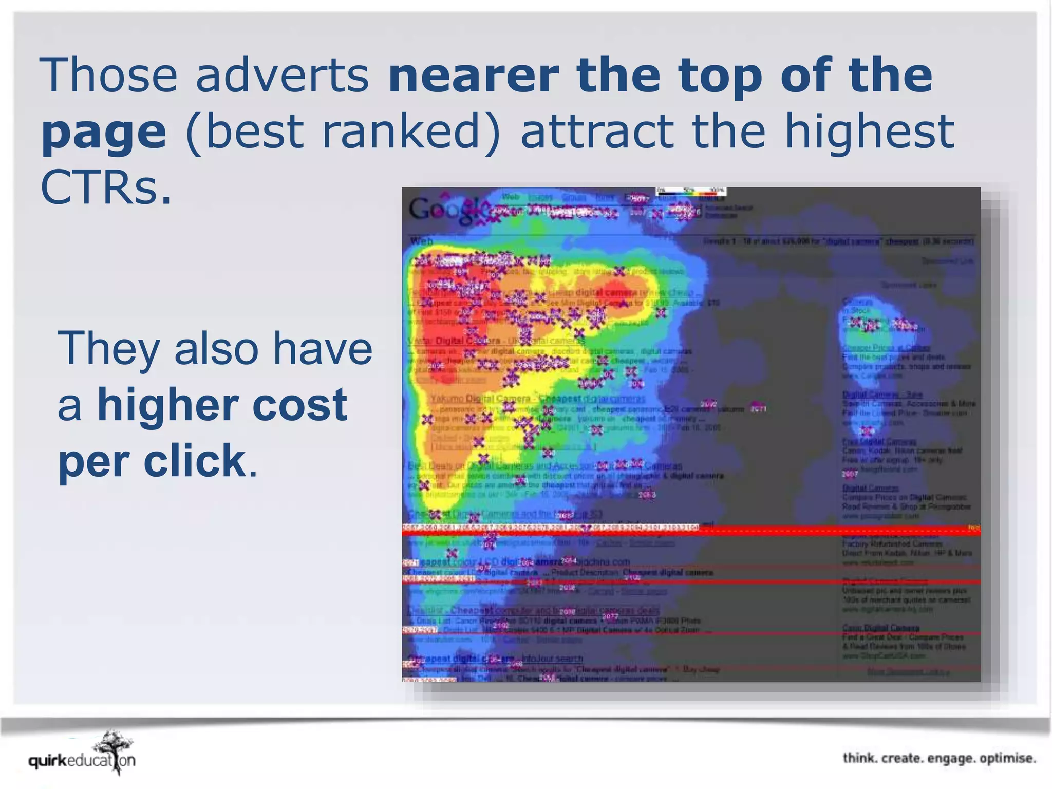Those adverts nearer the top of the
page (best ranked) attract the highest
CTRs.
They also have
a higher cost
per click.
 