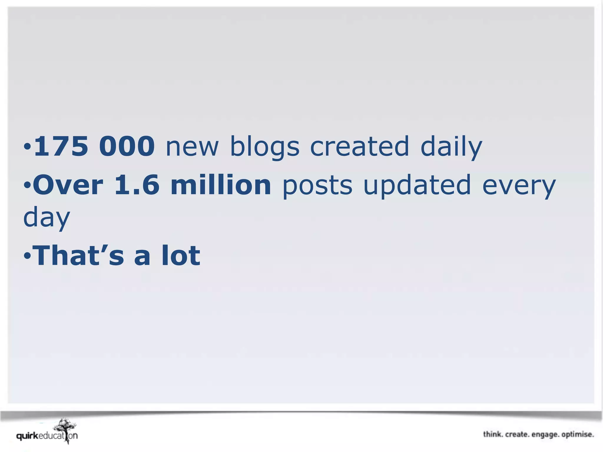 •175 000 new blogs created daily
•Over 1.6 million posts updated every
day
•That’s a lot
 