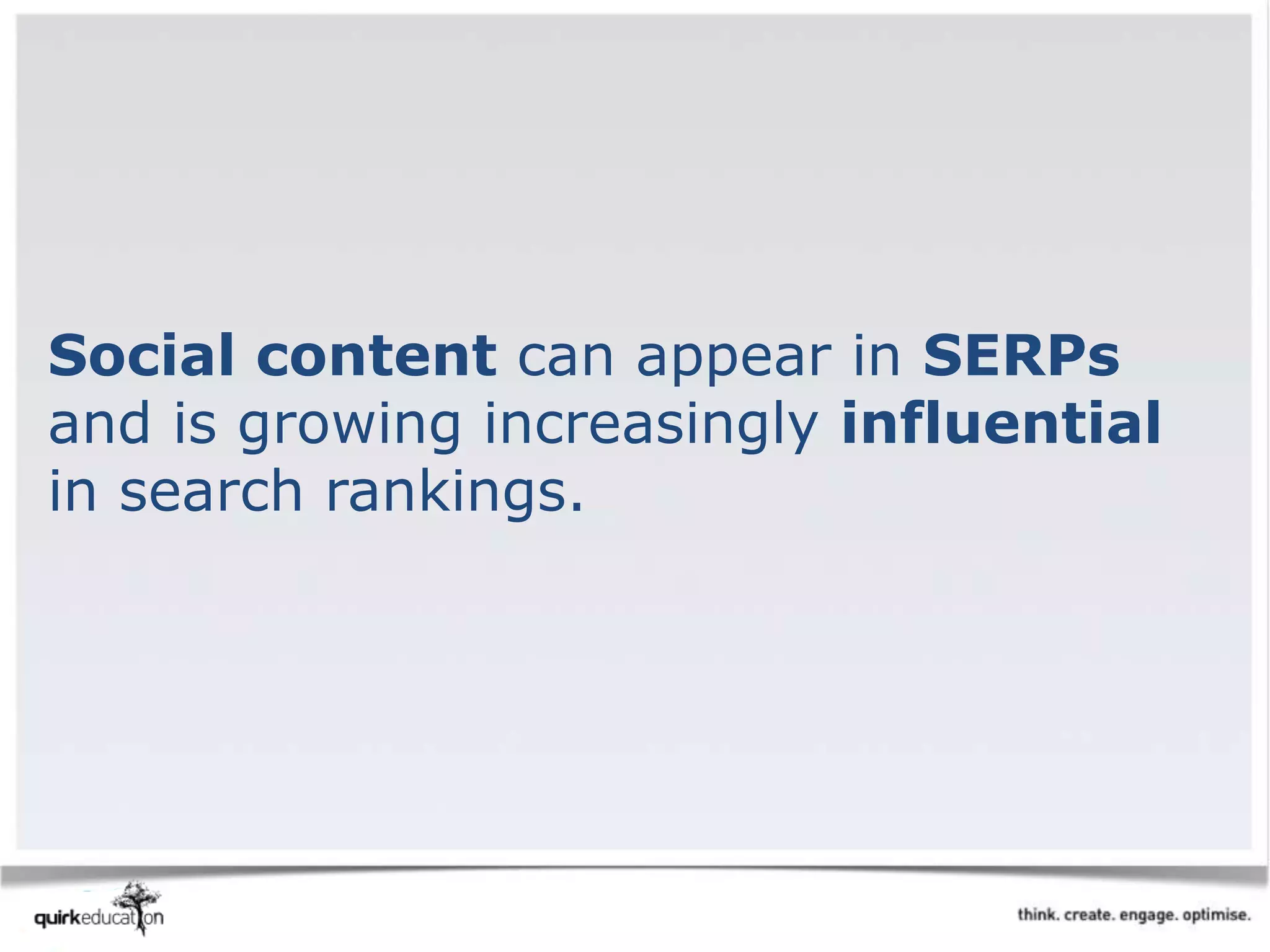 Social content can appear in SERPs
and is growing increasingly influential
in search rankings.
 