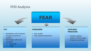 FUD Analyses
FEAR
CITY
• Marketplace will not attract
enough consumers or
suppliers
• Marketplace will not be
successful
• Financially
• Image
CONSUMERS
• Poor quality
• Not a positive experience
SUPPLIERS/
PRODUCERS
• Possible negative
impact on brand image
• Financial uncertainty
 