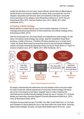 MKT704 | 10480824
8
smells like Old Spice and not a lady’ (brand attitude; benefit claim & differentiation)
literally forced a conversation between the sexes, while commands like ‘but if he
stopped using ladies scented body wash and switched to Old Spice’ connected
brand awareness to the category need (Rosenbaum-Elliott et al., 2015; Percy &
Rosenbaum-Elliot, 2012; Cannes Creative Lions, 2011; D&AD, 2011; Effie
Worldwide, 2011).
2.5 Setting a Media Strategy
Media selection is based heavily upon communication objectives, in terms of
message processing requirements of brand awareness and attitude strategy (Percy
& Rosenbaum-Elliot, 2012).
With the timing factor set, (the Super Bowl) and relatively low media budget, for Old
Spice, the tactical media strategy was simple, steal the competitors Super Bowl
presence; a battle of the buzz. Therefore Old Spice decided up on a simple tactic;
‘create’ the Super Bowl impact by launching around it (pre-during-post strategies),
instead of actually advertising (spending money) during the Super Bowl (c.f. Figure 4)
(Cannes Creative Lions, 2011; D&AD, 2011; Effie Worldwide, 2011).
By deeply understanding the relationship not only between brand-consumer-media
but wider social and cultural experiences of consumers (brand ecology) Old Spice
set out for a low frequency but higher, targeted reach in order to balance the
informational and transformational strategy through the use of primary (T.V. & Social
Media) and secondary channels (Digital & Cinema).(Rosenbaum-Elliott et al., 2015;
Percy & Rosenbaum-Elliot, 2012).
Old Spice first launched the spot "The Man Your Man Could Smell Like" on YouTube
and Facebook to start building the buzz a few days before the Super Bowl. Secondly,
digital media strategist ‘scooped’ up Super Bowl related search terms (Ex. ‘super
Pre-Super
Bowl
‘Hype’
Few days
before the
Super Bowl
YouTube &
Facebook
Super Bowl
Weekend
Super
Bowl
‘Steal’
Google Ads &
Search Engine
Optimization
Post Super
Bowl
‘Conversation’
Few days after
the Super Bowl
Valentines
Weekend after
the Super Bowl
Television
Television &
Cinema
Media
Channel
s
Time
Scale
Strategic
Phase
Figure 4: Media Strategy Overview (Own)
 