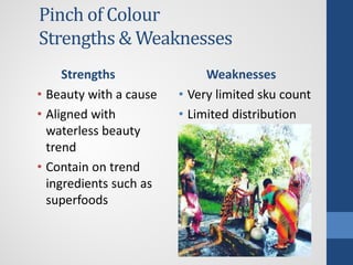 Pinch of Colour
Strengths & Weaknesses
Strengths
• Beauty with a cause
• Aligned with
waterless beauty
trend
• Contain on trend
ingredients such as
superfoods
Weaknesses
• Very limited sku count
• Limited distribution
 