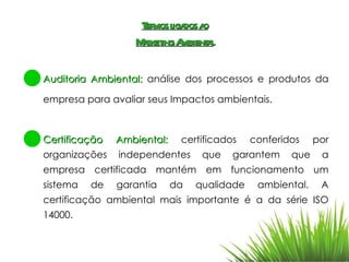 Termos ligados ao Marketing Ambiental Auditoria Ambiental:   análise dos processos e produtos da empresa para avaliar seus Impactos ambientais. Certificação Ambiental:  certificados conferidos por organizações independentes que garantem que a empresa certificada mantém em funcionamento um sistema de garantia da qualidade ambiental. A certificação ambiental mais importante é a da série ISO 14000. 
