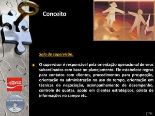 Sala de supervisão:
O supervisor é responsável pela orientação operacional de seus
subordinados com base no planejamento. Ele estabelece regras
para contatos com clientes, procedimentos para prospecção,
orientação na administração no uso do tempo, orientação em
técnicas de negociação, acompanhamento de desempenho,
controle de quotas, apoio em clientes estratégicos, coleta de
informações no campo etc.
27/30
 