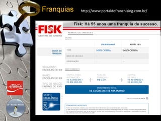 Franquias http://www.portaldofranchising.com.br/ 
Escolha do equipamento, Material, promocional, 
Projeto arquitetônico, Propaganda e publicidade 
Seleção de ponto, Treinamento de pessoal 
Administração /Gestão do Negócio, Atendimento ao Cliente 
Gestão da Qualidade, Gestão de Estoque, Implantação de Loja 
Informática/Internet/Extranet/Intranet, Marketing, Planejamento 
Ponto Comercial, Prestação de Serviços, Produtividade, RH 
Seleção / Treinamento / Motivação da Equipe de Vendas 
 