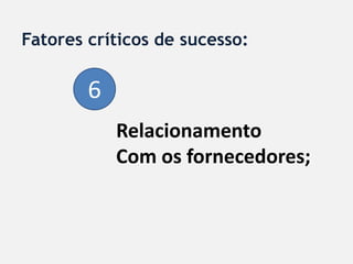 Fatores críticos de sucesso:

        6
            Relacionamento
            Com os fornecedores;
 