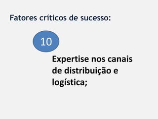 Fatores críticos de sucesso:


        10
           Expertise nos canais
           de distribuição e
           logística;
 