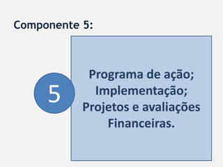 Componente 5:



            Programa de ação;
     5       Implementação;
           Projetos e avaliações
               Financeiras.
 