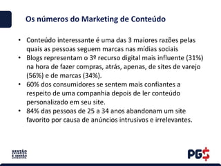 • Conteúdo interessante é uma das 3 maiores razões pelas
quais as pessoas seguem marcas nas mídias sociais
• Blogs representam o 3º recurso digital mais influente (31%)
na hora de fazer compras, atrás, apenas, de sites de varejo
(56%) e de marcas (34%).
• 60% dos consumidores se sentem mais confiantes a
respeito de uma companhia depois de ler conteúdo
personalizado em seu site.
• 84% das pessoas de 25 a 34 anos abandonam um site
favorito por causa de anúncios intrusivos e irrelevantes.
Os números do Marketing de Conteúdo
 