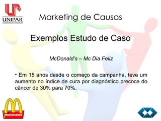 Marketing de Causas Exemplos Estudo de Caso McDonald’s – Mc Dia Feliz Em 15 anos desde o começo da campanha, teve um aumento no índice de cura por diagnóstico precoce do câncer de 30% para 70%. 