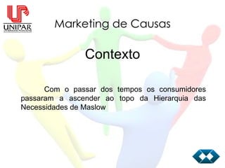 Marketing de Causas Com o passar dos tempos os consumidores passaram a ascender ao topo da Hierarquia das Necessidades de Maslow Contexto 